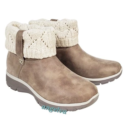 Skechers easy going cozy weather 2 boots vegan taupe water repels knit collar - Image 1 of 4