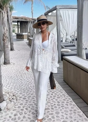 ZARA Limited Edition White Collared Embroidered Beaded Shirt Blouse Size S - Image 1 of 4