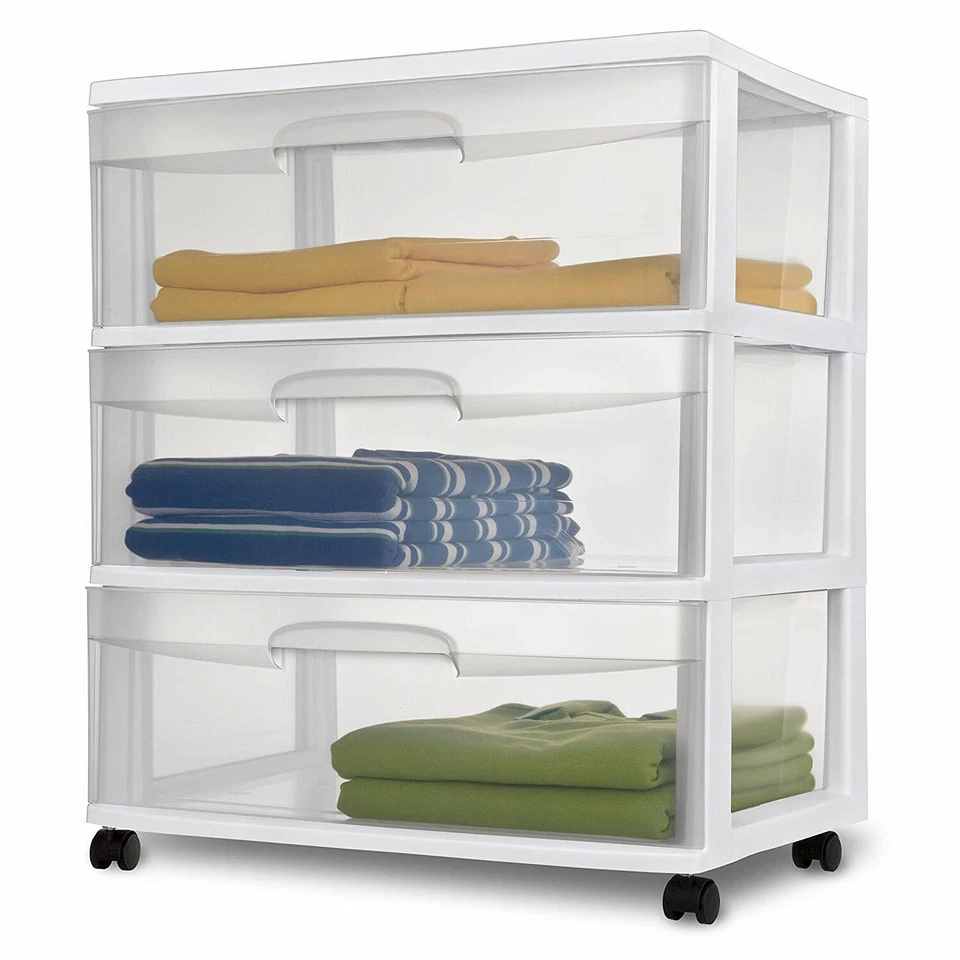 Sterilite White Frame with Clear Drawers and Black Casters Wide 3-Drawer Cart - Image 1 of 4