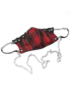 Punk Rave Womens Gothic Punk Chic Face Covering Mask Red Black Plaid Lace Chains - Picture 1 of 8