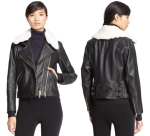 Rag & Bone Minerva Shearling Collar Pebbled Leather Moto Jacket Black sz 0 $1695 - Picture 1 of 14