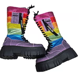 Club Exx NWOT Forever Shining Rhinestone Combat Rainbow Pride Platform Boot 8 - Picture 1 of 17