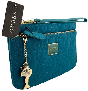 GUESS LARGE LOGO WRISTLET POUCH WALLET BAG CLUTCH PURSE Teal BNWT New AUTHENTIC - Picture 1 of 14