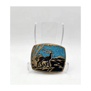 Vintage Brass Turquoise Chip Deer Buck Belt Buckle - Picture 1 of 4