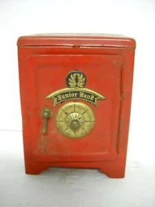 Antique Collectible Tin Junior Bank, Money Coin Back, Lock System, Red Metal - Picture 1 of 11