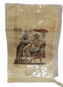 Signed Handmade Papyrus Egyptian King Tut Being Fed By Queen Art Painting 13x9 - Picture 1 of 3