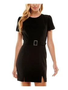 CITY STUDIO Womens Black Belted Lined Pouf Sleeve Mini Sheath Dress Juniors 9 - Picture 1 of 11
