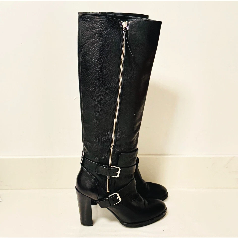 Rebecca Minkoff 靴子女式 8.5 黑色皮革摩托双扣高跟鞋 Billie — 第 1/4 张图片