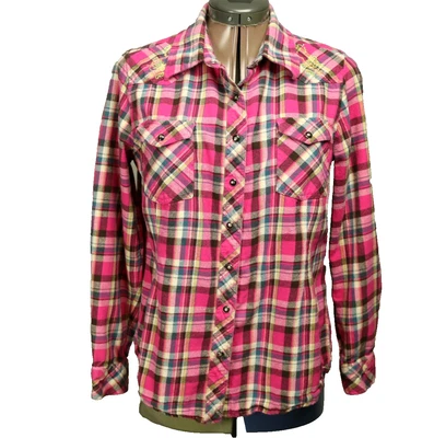 Camisa Bit & Bridle 100 % algodón franela a cuadros DEFECTUOSA frente a presión manga larga rosa M Foto 1 de 4