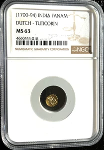 1700 - 1794 Indien Gold Fanam Münze, Dutch-Tuticorin, NGC MS 63, 018 - Bild 1 von 2