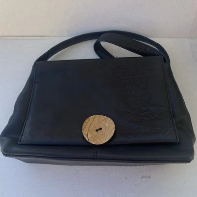 Purse Laurel Burch Black Leather Embossed Ethno Animal Print W/ Wood Closure - Image 1 of 4