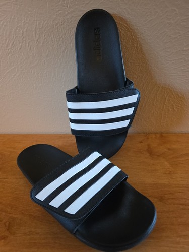 Adidas Slides Uomo Taglia 7 Nero Bianco Rigato Cuscino in Schiuma