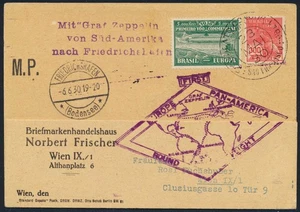 BRAZIL to USA to GERMANY to AUSTRIA 1930 ZEPPELIN, SAF Flight Airmail Card - Picture 1 of 3
