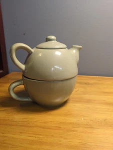 Pier 1 Teapot Teacup 3 Piece Stoneware Set for One Tea Pot & Tea Cup Set Green - Picture 1 of 12