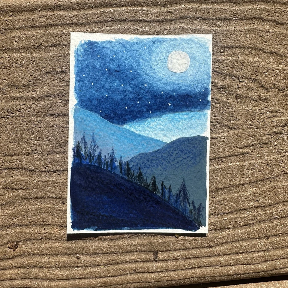 Tarjeta de arte de pintura Aceo Original Moonlit Night Sky Over Mountains Gouache Foto 1 de 1