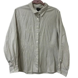 L.L. Bean Womens Sz Large Tan White Stripe Button Down Shirt Minimalist Neutral - Picture 1 of 4