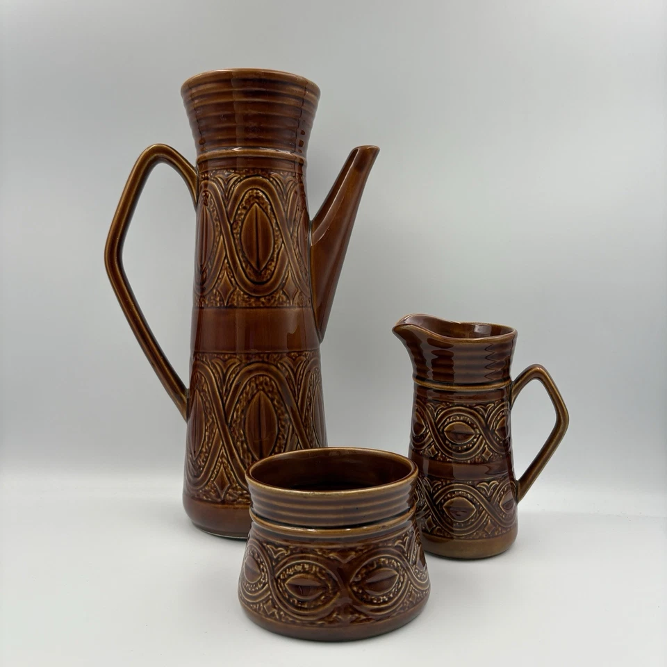 Vintage Saxony Ellgreave Coffee Pot Tall Brown Glazed 1970s Jug Sugar Set VGC - Image 1 of 4