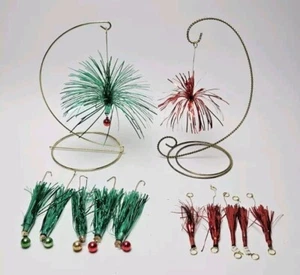Vintage Tinsel Tassel Pom Pom Ornaments Lot of 12 Red Green Umbrella - Picture 1 of 10