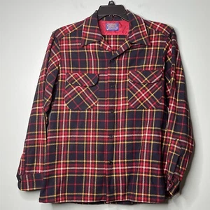 Vintage Pendleton Board Shirt Medium Loop Collar Plaid Wool Flap Pockets Red 60s - Picture 1 of 10