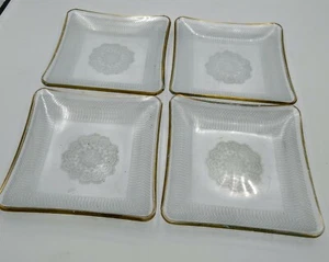 Set Of 4 Vintage Square Gold Rim MCM Clear & White Etched Glass Small Plates  - Picture 1 of 8
