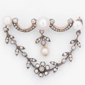 40,2 mm - Florale 19. Jh. Diamant 1,00 ct. & Perle Brosche Gold 585/14K & Silber - Picture 1 of 9