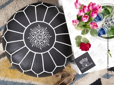 Moroccan Handmade Genuine Leather Boho Pouf Ottoman Footstool Pouffe Black - Image 1 of 4