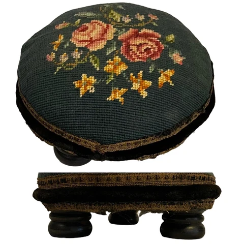 Antique Victorian Floral Needlepoint Round French Footed Stool Handmade 8.5D 5T Cover