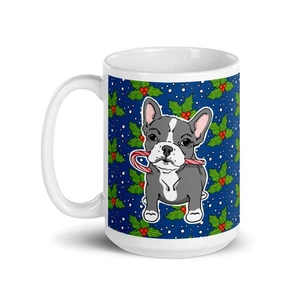Blaue Piebald Französische Bulldogge Weihnachten Becher 15 Unzen Zuckerstange Hund Tasse Weihnachtsgeschenk - Bild 1 von 11