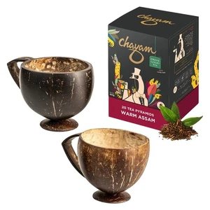 2 Coconut Shell Tea Cup (200ml) + Warm Assam 20 Tea Pyramids Bags Natural Gift - Picture 1 of 18