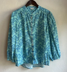 Sundance Faron Aqua Print Top M Relaxed Bestickt Knopfleiste Resort Boho - Bild 1 von 7