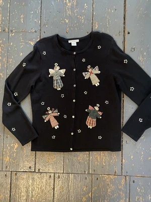 Suéter Cárdigan Vintage Negro Tejido Vacacional Ángeles Navidad Algodón XL Navidad Foto 1 de 4