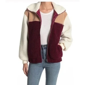Lush Womens Faux Shearling Full Zip Colorblock Bomber Jacket In Wine Camel Small - Picture 1 of 6