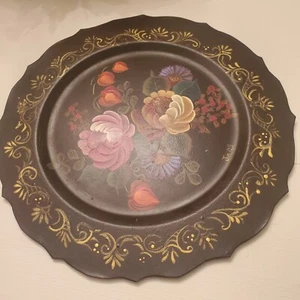 Vtg hand painted tole tray victorian toleware tray. 12"D - Picture 1 of 2