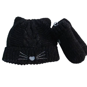 Children's Winter Hat Black Cuffed Beanie Girls Sz XS Cat Ears Mittens Knit 12M - Picture 1 of 4