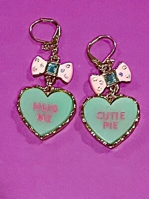 Betsey Johnson Heart Sweethearts Candy Land Bow Earrings Love Cute Hug Me - Image 1 of 4