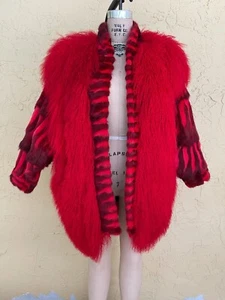 80s 90s Vintage Red Mongolian Fur Coat Shaggy Fur Designer Avant Garde Boho Rock - Picture 1 of 9