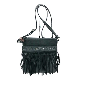 Schwarze Kunstleder Umhängetasche verstellbarer Riemen Fransen Festival Boho Hippie - Bild 1 von 8