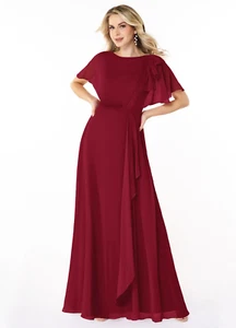 Abito Azazie Aaliyah bordeaux A-Line scoop plissettato chiffon lunghezza terra taglia 16 - Foto 1 di 11