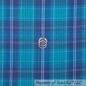 BonEful Fabric FQ Cotton Quilt Blue Aqua White Plaid Block Square Stripe Holiday - Picture 1 of 8