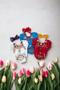 Hand-Embroidered Puebla-Style Romper with Headband - Mexican Floral Design - Picture 1 of 6