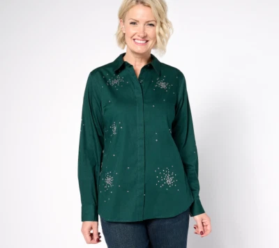 Alfombra Roja Joan Rivers Algodón Elástico Piedra Starburst Botón Frontal Verde M Foto 1 de 4