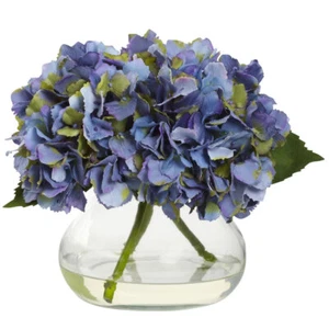 BLUE BLOOMING SILK HYDRANGEA ARTIFICIAL FLORAL FAKE FLOWER ARRANGEMENT w/ VASE - Afbeelding 1 van 1