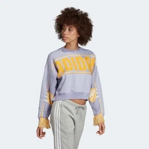 BNWT Women’s ADIDAS Originals Knitted Jumper BIG LOGO Tasselled Blue Yellow NEW - Picture 1 of 4