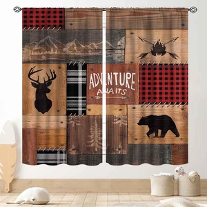Rustic Retro Curtains, Farmhouse Lodge Elk Bear Moose Deer Country Wild Anima... - Picture 1 of 5
