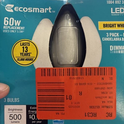 (3-Pk)) Ecosmart Candelabra Base LED  Dimmable Bulb Bright White 60W - Image 1 of 2
