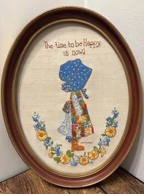 Holly Hobbie Crewel Embroidery Finished 1981 The time to be Happy is now Framed - Image 1 of 4