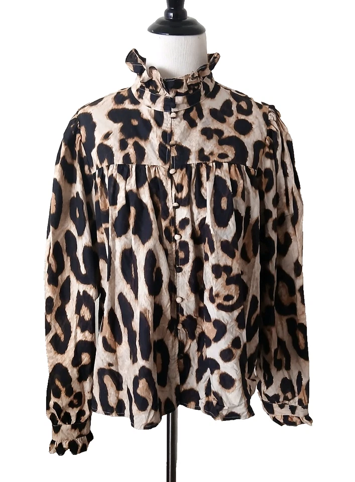 Blusa H&M Estampado Animal Negra/Bronceada Volantes Cuello Simulado Manga Larga Abotonada Mujeres M Foto 1 de 4