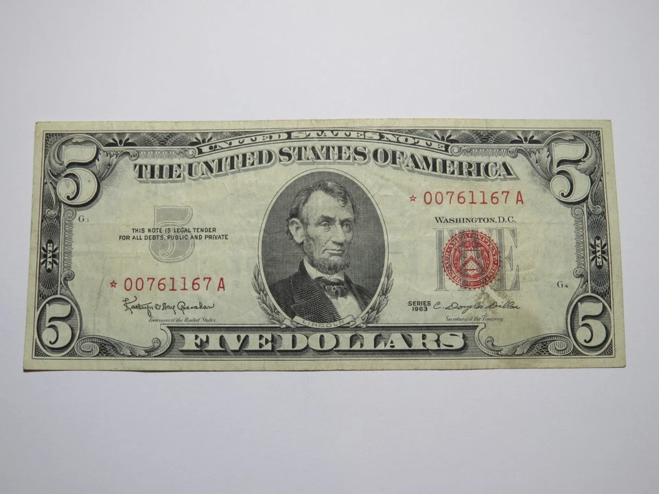 $5 1963 Red Seal Radar Star Serial Number Legal Tender Currency Note Bank Bill - Image 1 of 2