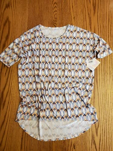 NUOVA tunica LuLaRoe IRMA taglia Large | bianca con design blu, tessuto marrone nuovo con etichette - Foto 1 di 3