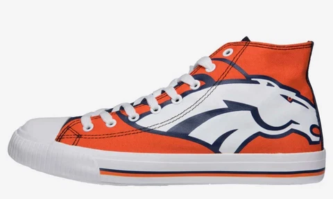 NIB  Denver Broncos Menâs size 8 Womenâs size 9.5 High Top Big Logo Canvas Shoe Cover